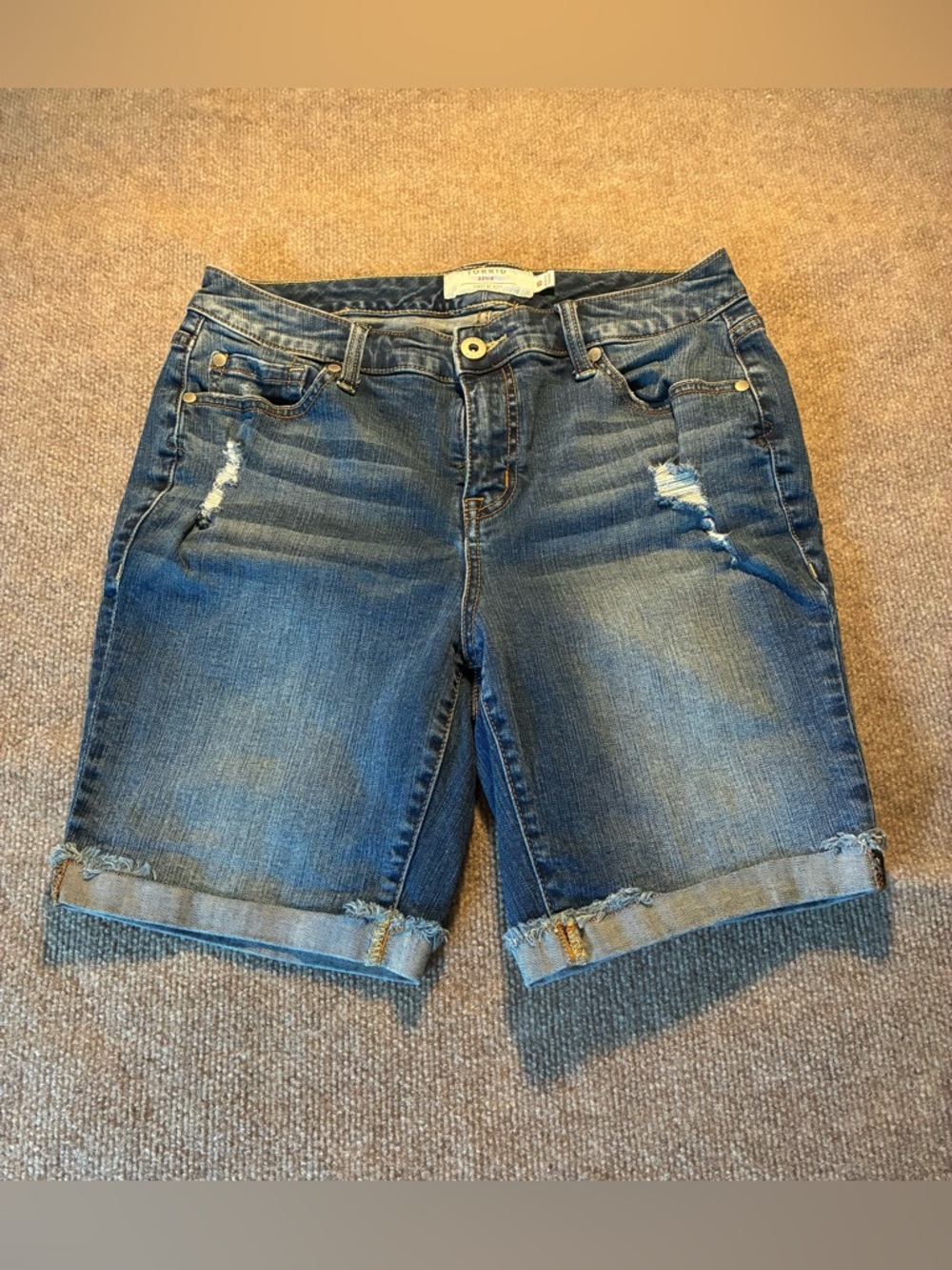 Torrid Medium Blue Distressed Roll-Cuff Denim Bermuda Shorts
